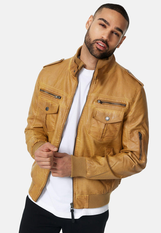 Indicode men's Pawel leather jacket made of imitation leather with a stand-up collar