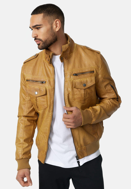 Indicode men's Pawel leather jacket made of imitation leather with a stand-up collar