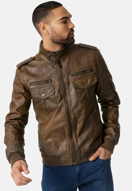 Indicode men's Pawel leather jacket made of imitation leather with a stand-up collar