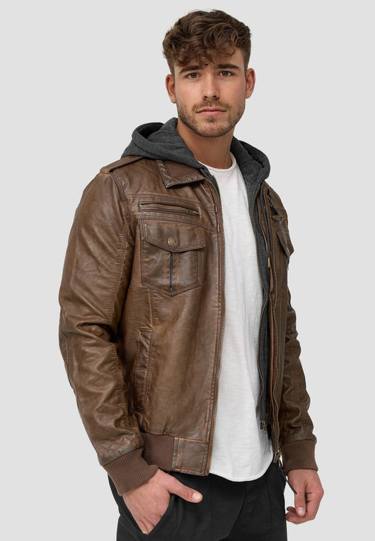 Indicode Men's Aaron Leather Jacket with Detachable Hood & 7 Pockets