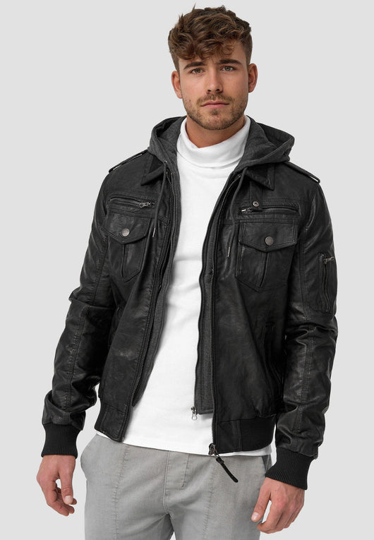 Indicode Men's Aaron Leather Jacket with Detachable Hood & 7 Pockets