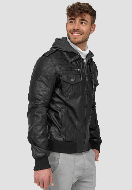 Indicode Men's Aaron Leather Jacket with Detachable Hood & 7 Pockets