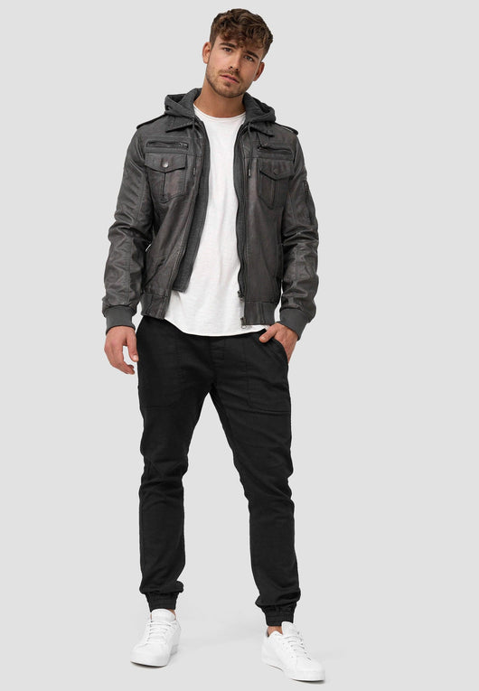 Indicode Men's Aaron Leather Jacket with Detachable Hood & 7 Pockets