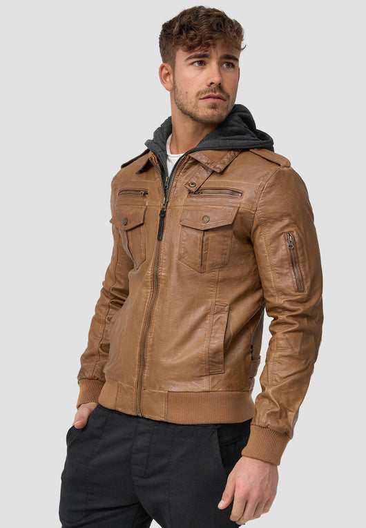 Indicode Men's Aaron Leather Jacket with Detachable Hood & 7 Pockets