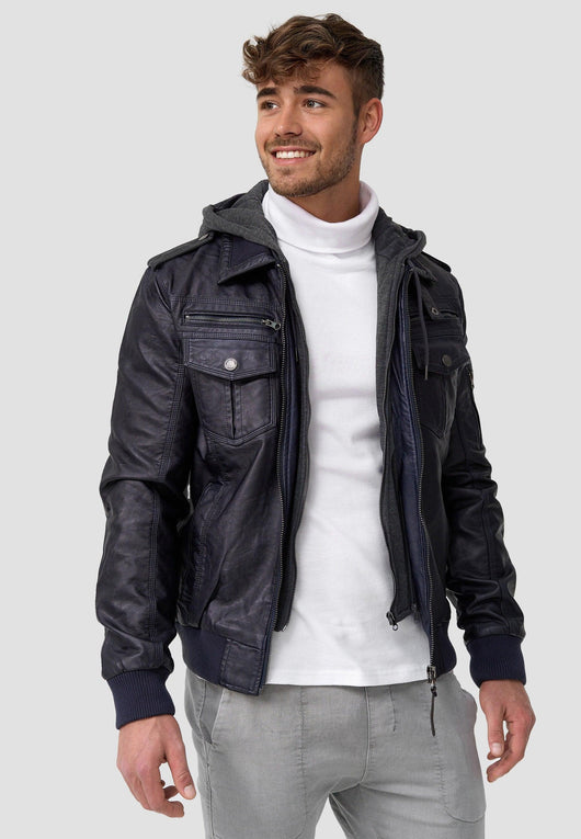 Indicode Men's Aaron Leather Jacket with Detachable Hood & 7 Pockets