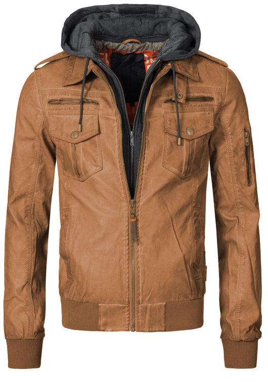 Indicode Men's Aaron Leather Jacket with Detachable Hood & 7 Pockets