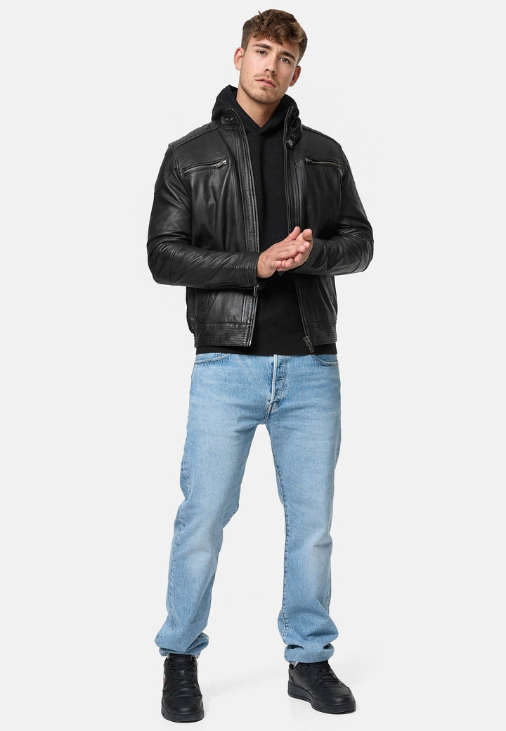 Indicode Herren Germo Lederjacke aus 100% Lammleder mit Biker-Kragen & 6 Taschen - INDICODE