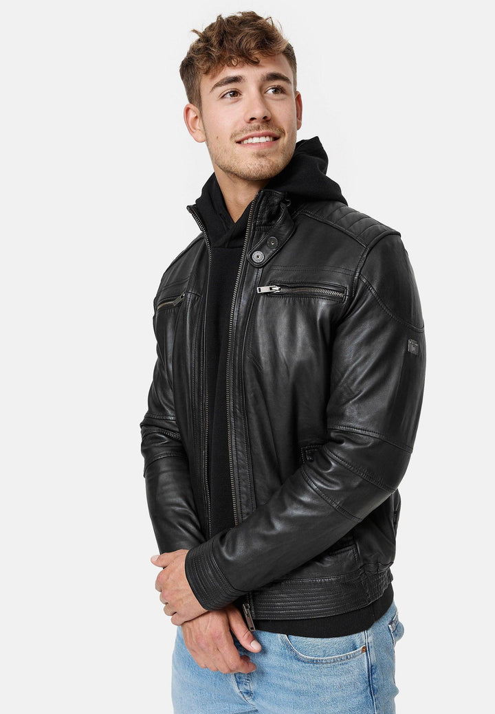 Indicode Herren Germo Lederjacke aus 100% Lammleder mit Biker-Kragen & 6 Taschen - INDICODE