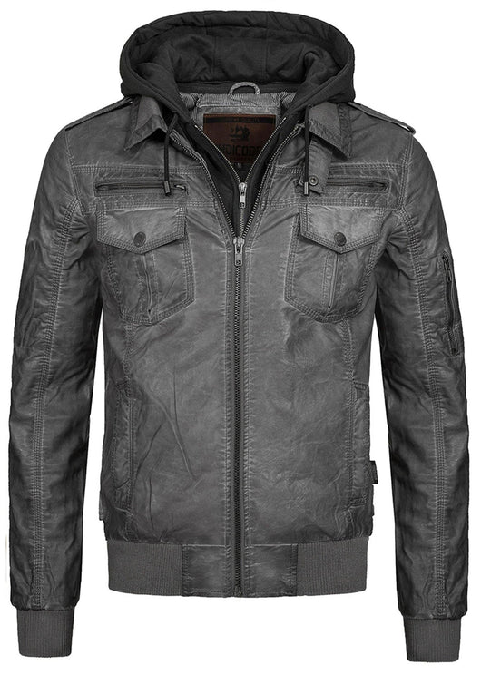 Indicode Men's Aaron Leather Jacket with Detachable Hood & 7 Pockets